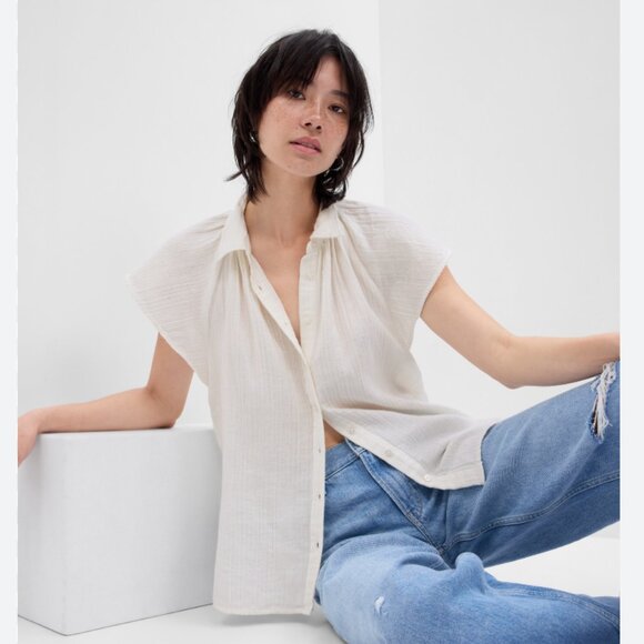 GAP Crinkle Gauze Metallic Stripe Dolman Shirt Cream Metallic Thread Detail XL - Picture 1 of 8